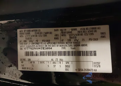 2019 Ford F-250 Xlt from USA, damaged, VIN 1FT7W2B60KEE54894